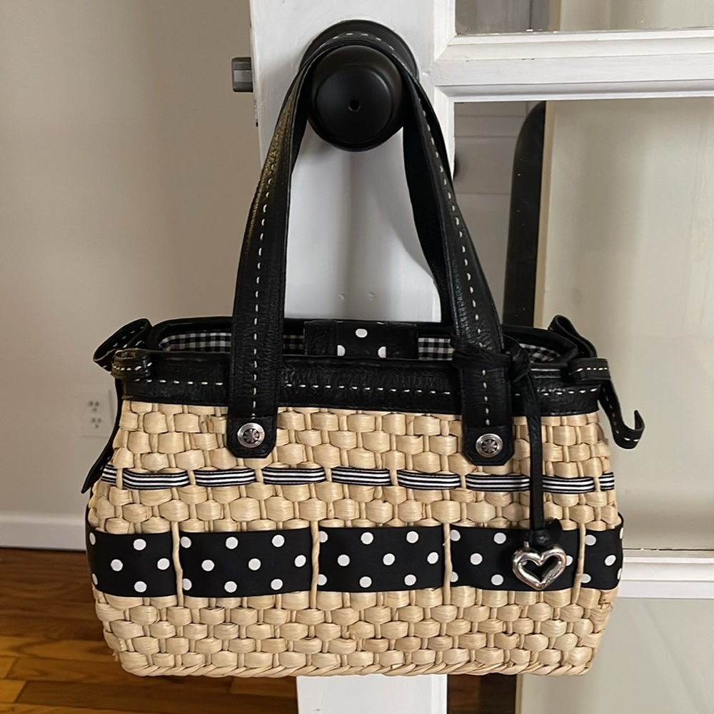 Brighton Black Leather and Tan Woven Wicker Polka Dot Purse Handbag UNUSED - Picture 14 of 14